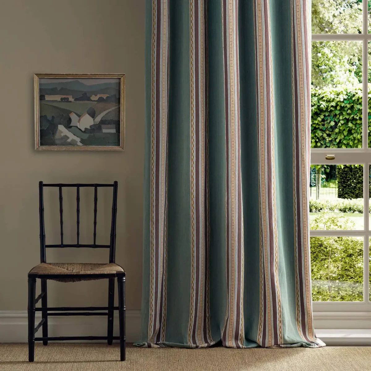 Pimlico Stripe Fabric - Teal / Mulberry by green striped curtain with window and chair