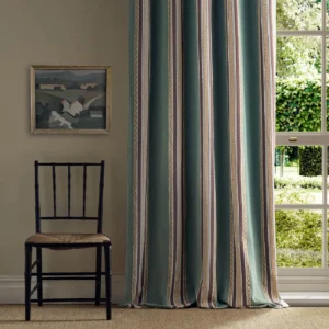 green striped curtain with window and chair
