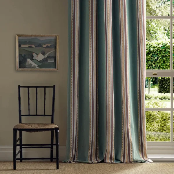 Pimlico Stripe Fabric - Teal / Mulberry by green striped curtain with window and chair