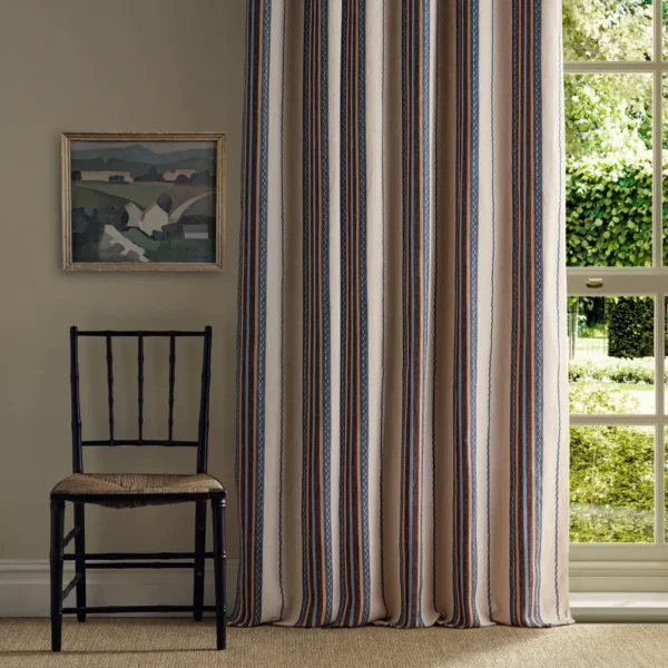 Lechlade Stripe Fabric - Woad / Linen by multicolour striped curtain with window and chair