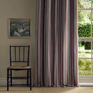 red striped curtain with window and chair