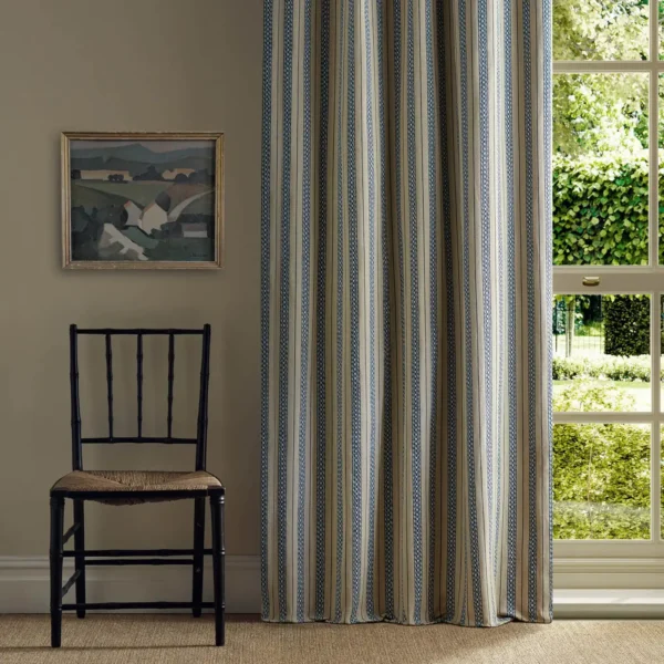 Elm Stripe Fabric - Indigo / Flax by blue striped curtain with window and chair