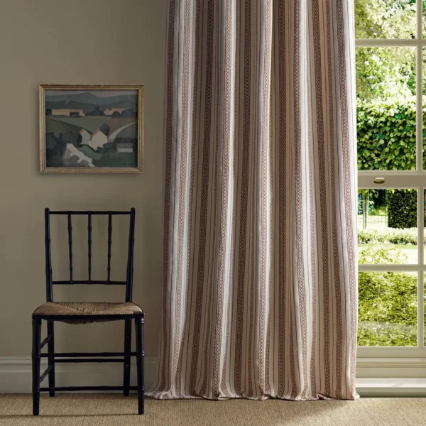 Elm Stripe Fabric - Apricot / Linen by neutral striped curtain with window and chair