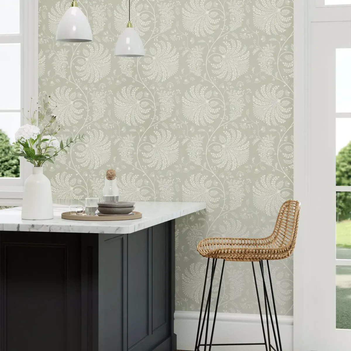 Mapperton Wallpaper - Sage / Cream by blue botanical wallpaper and wall with chair and dining table