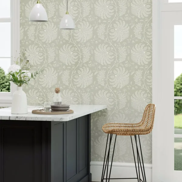 Mapperton Wallpaper - Sage / Cream by blue botanical wallpaper and wall with chair and dining table
