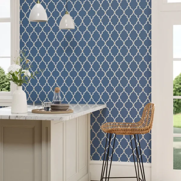 Empire Trellis Wallpaper - Indigo / Linen by blue geometric wallpaper and wall with chair and dining table