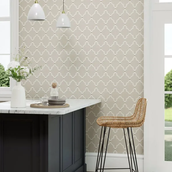 brown geometric wallpaper and wall with chair and dining table