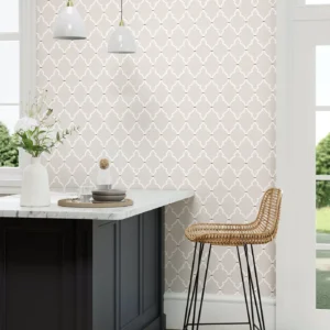 neutral geometric wallpaper and wall with chair and dining table