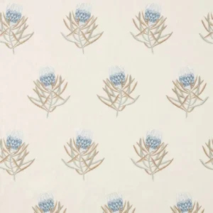 blue botanical embroideried fabric from Sanderson