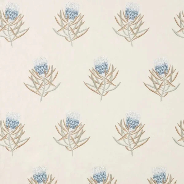 Protea Flower Fabric - China Blue / Linen by blue botanical embroideried fabric from Sanderson