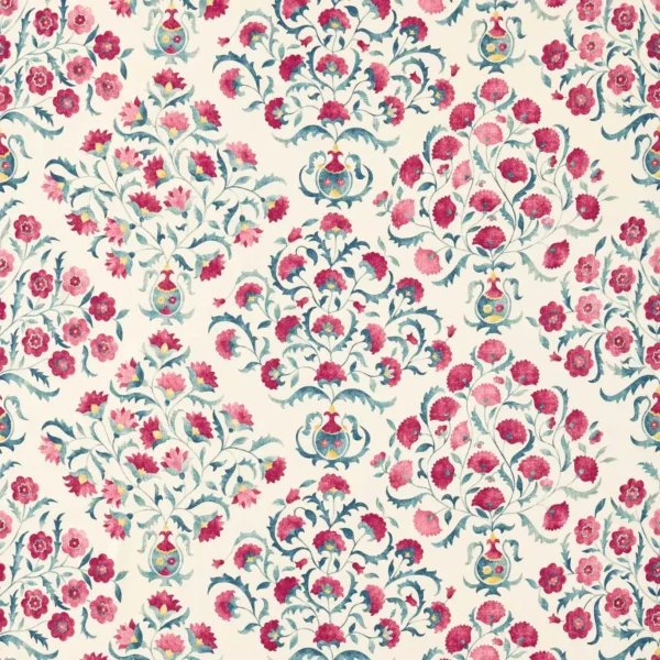 Ottoman Flowers Fabric - Cherry / Indigo by red botanical embroideried fabric from Sanderson