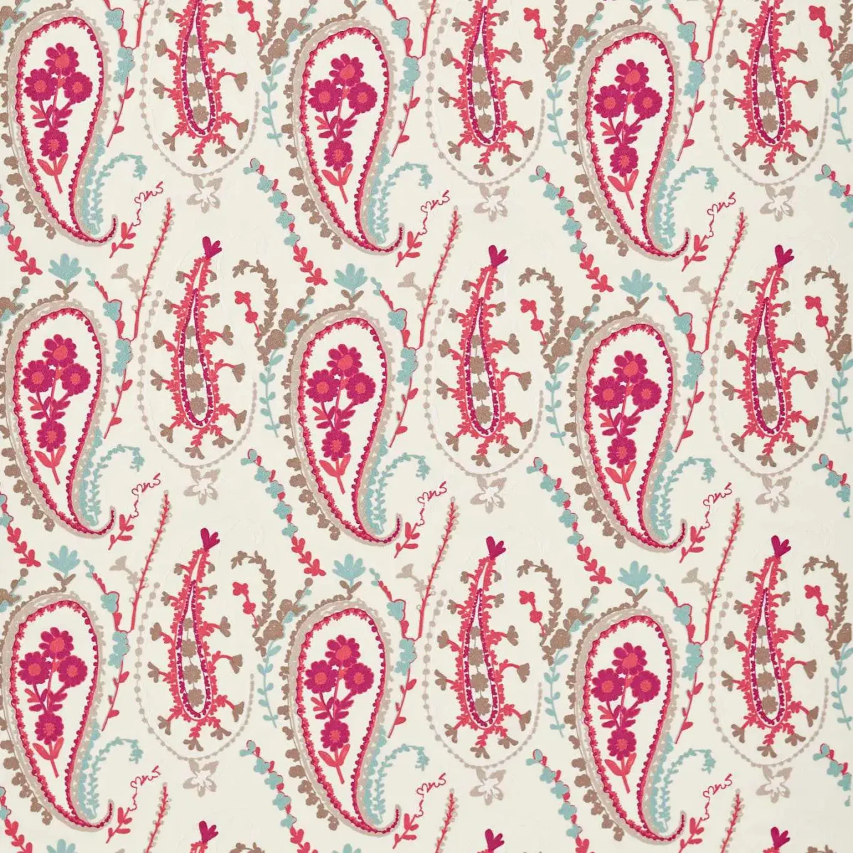 Jamila Fabric - Coral / Aqua by red botanical embroideried fabric from Sanderson