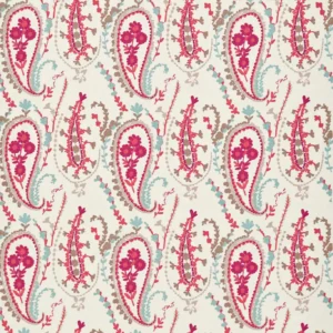 red botanical embroideried fabric from Sanderson