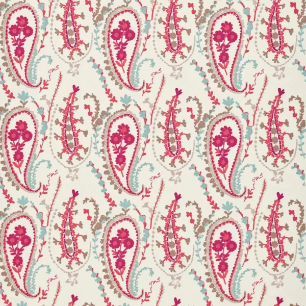 Jamila Fabric - Coral / Aqua by red botanical embroideried fabric from Sanderson