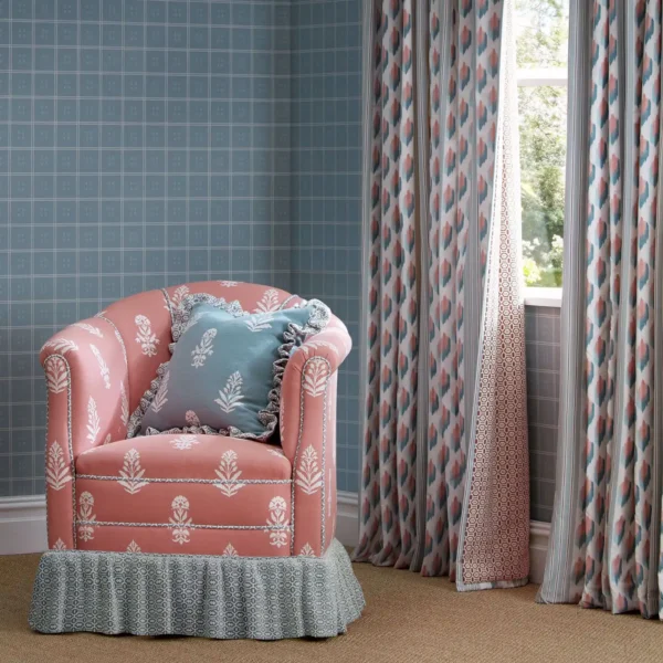 Musafir Fabric - Cardamom / Namak by green striped curtain with armchair and cushion