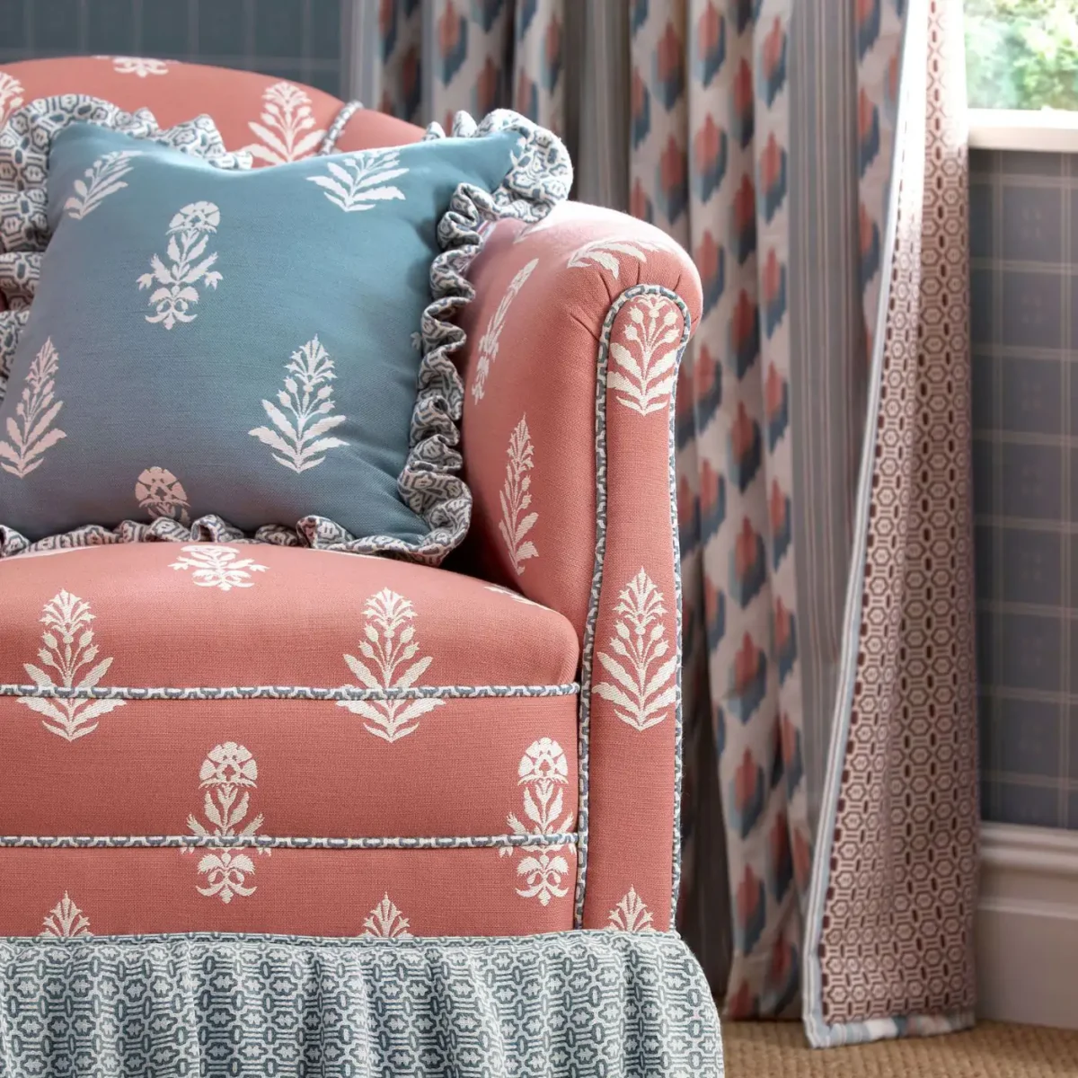 Dabu Fabric - Aleppo Pepper by pink botanical cushion with armchair and curtain