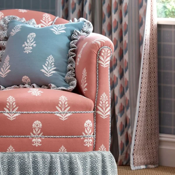 Matmi Fabric - Seafoam by pink botanical cushion with armchair and curtain