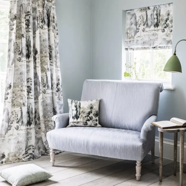 Waterperry Fabric - Indigo by blue botanical curtain with cushion and blind