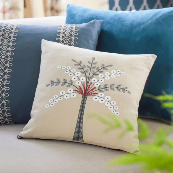 Palm Grove Embroidery Fabric - Teal / Green by blue botanical cushion with cushion and sofa