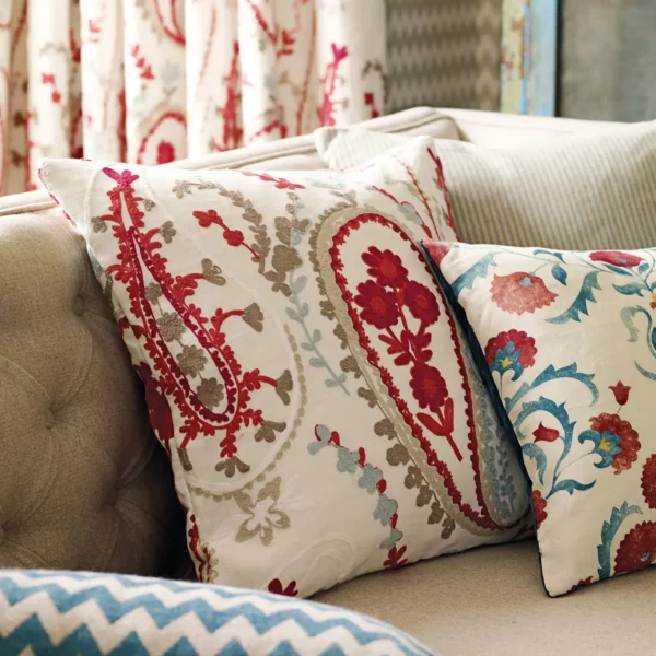 Ottoman Flowers Fabric - Cherry / Indigo by red botanical cushion with curtain and sofa