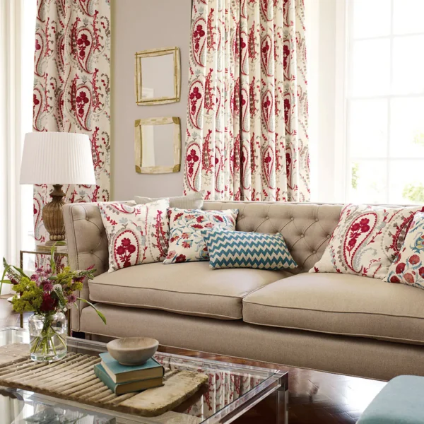 Jamila Fabric - Coral / Aqua by red botanical curtain with sofa and armchair