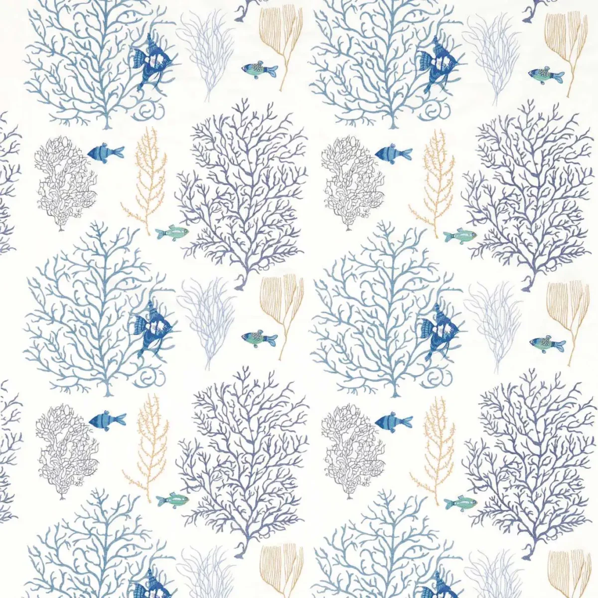 blue botanical embroideried fabric from Sanderson