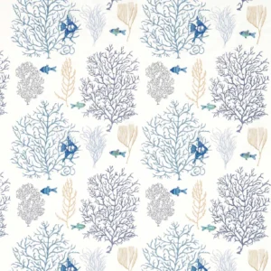 blue botanical embroideried fabric from Sanderson