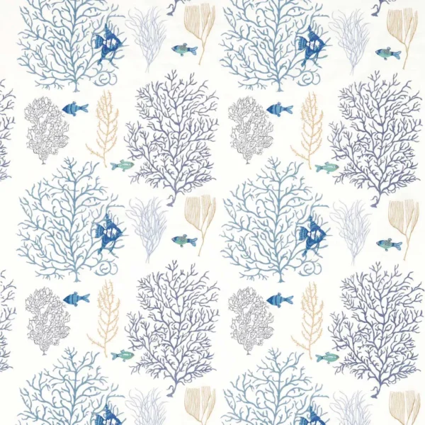 Coral and Fish Embroidery Fabric - Marine Blue by blue botanical embroideried fabric from Sanderson