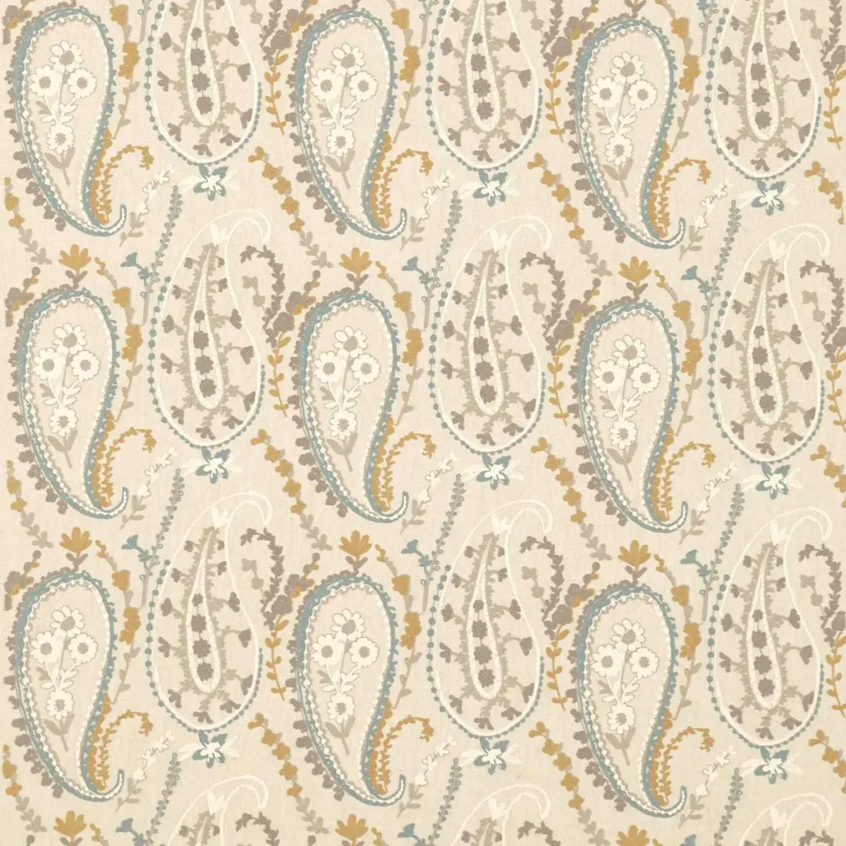 Jamila Fabric - Wedgwood / Linen by yellow botanical embroideried fabric from Sanderson