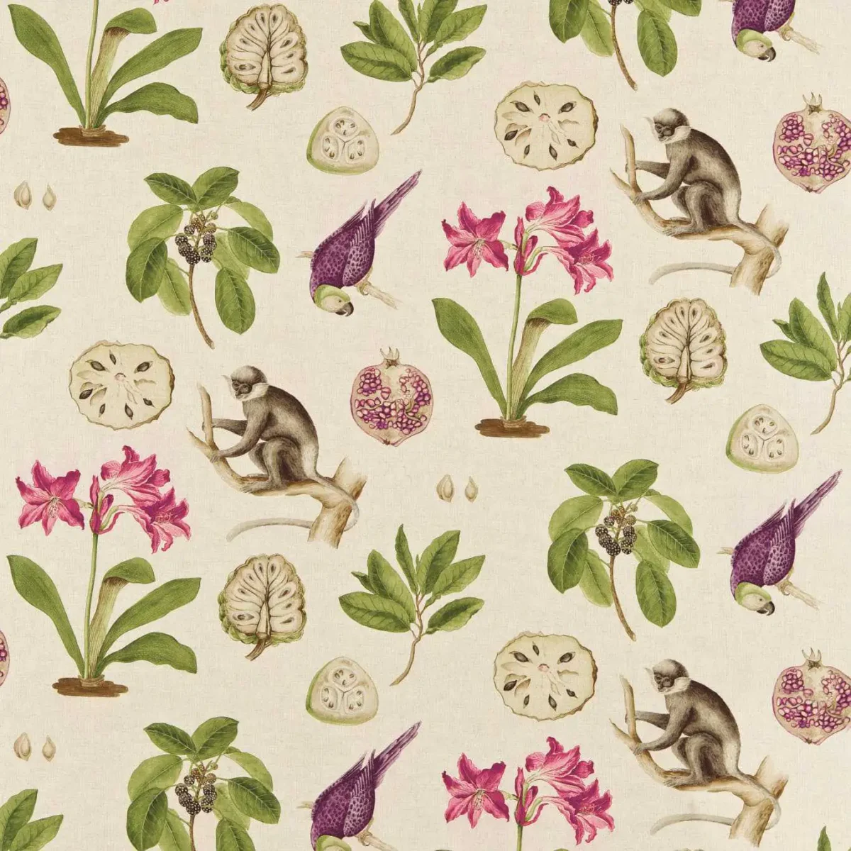 Capuchins Fabric - Boysenberry by purple botanical printed fabric from Sanderson