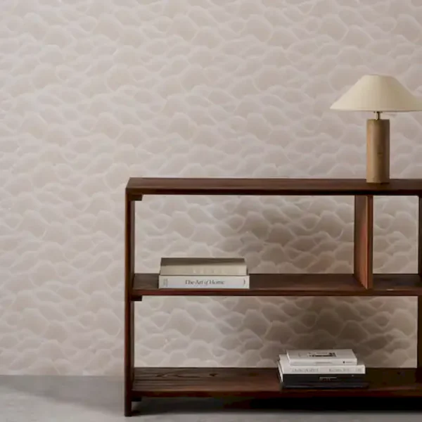 Zuni Wallpaper - Pumice by neutral contemporary wallpaper and wall with bookshelf and vases