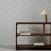 green contemporary wallpaper and wall with bookshelf and vases