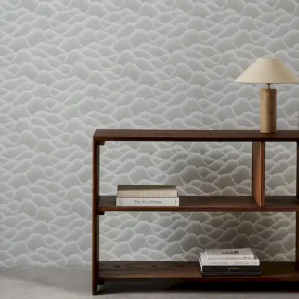Zuni Wallpaper - Aloe by green contemporary wallpaper and wall with bookshelf and vases