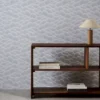 blue contemporary wallpaper and wall with bookshelf and vases