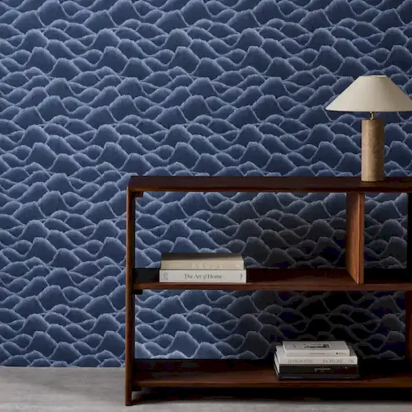 Zuni Wallpaper - Midnight by blue contemporary wallpaper and wall with bookshelf and vases