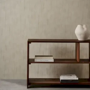 neutral contemporary wallpaper and wall with bookshelf and vases