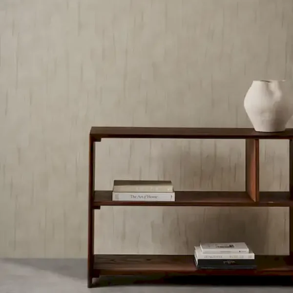 Tule Wallpaper - Limestone by neutral contemporary wallpaper and wall with bookshelf and vases