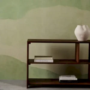 green contemporary wallpaper and wall with bookshelf and vases