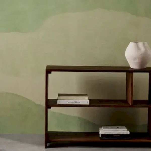 Sedimentary Wallpaper - Evergreen by green contemporary wallpaper and wall with bookshelf and vases