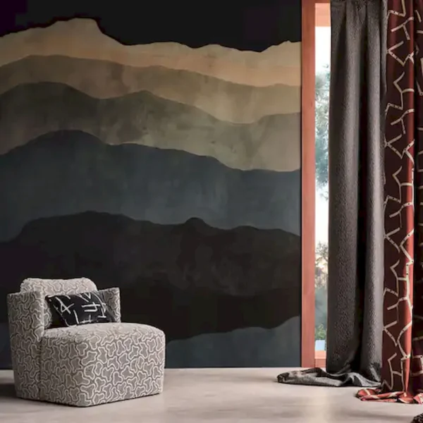 Sedimentary Wallpaper - Midnight by black-grey contemporary wallpaper and wall with chair and curtain
