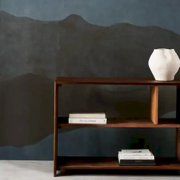 Sedimentary Wallpaper - Midnight by black-grey contemporary wallpaper and wall with bookshelf and vases