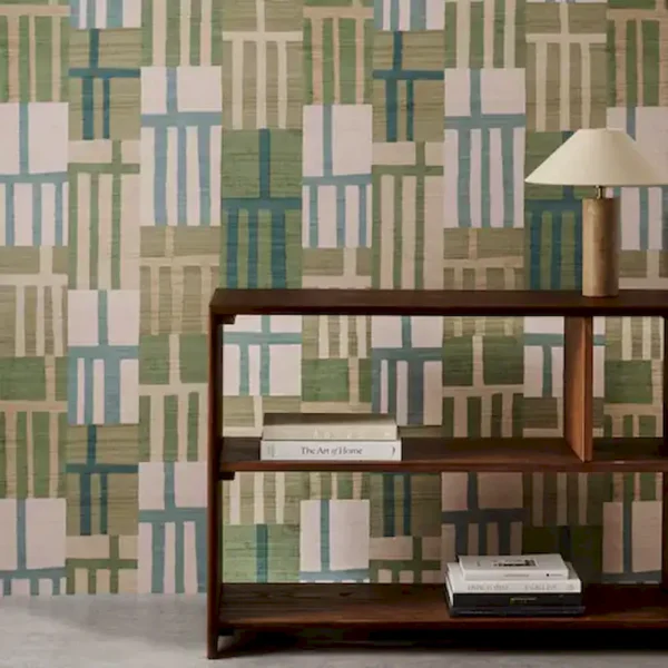Monolith Wallpaper - Jade / Kyanite by green geometric wallpaper and wall with bookshelf and vases