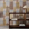 brown geometric wallpaper and wall with bookshelf and vases