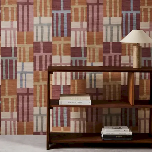 Monolith Wallpaper - Cinnabar / Amber by red geometric wallpaper and wall with bookshelf and vases