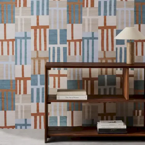 Monolith Wallpaper - Jasper / Zircon by blue geometric wallpaper and wall with bookshelf and vases