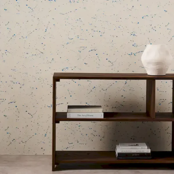 blue spotted wallpaper and wall with bookshelf and vases