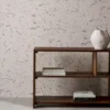 black-grey spotted wallpaper and wall with bookshelf and vases