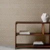brown spotted wallpaper and wall with bookshelf and vases