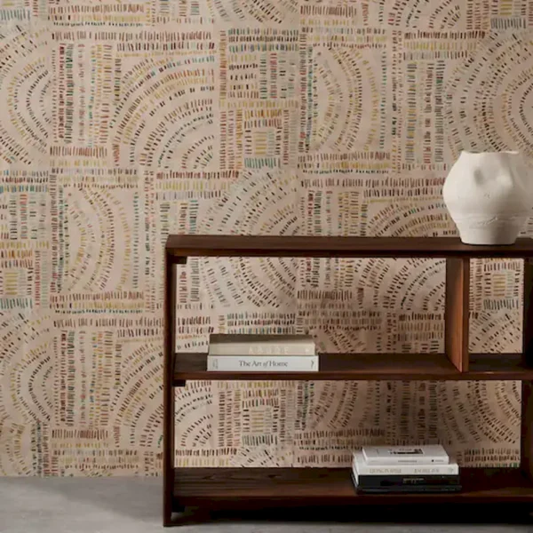 Frescoes Wallpaper - Sandstone / Slate / Granite by orange geometric wallpaper and wall with bookshelf and vases