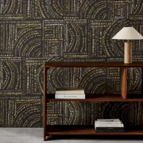Frescoes Wallpaper - Charcoal / Chalk / Limestone by brown geometric wallpaper and wall with bookshelf and vases